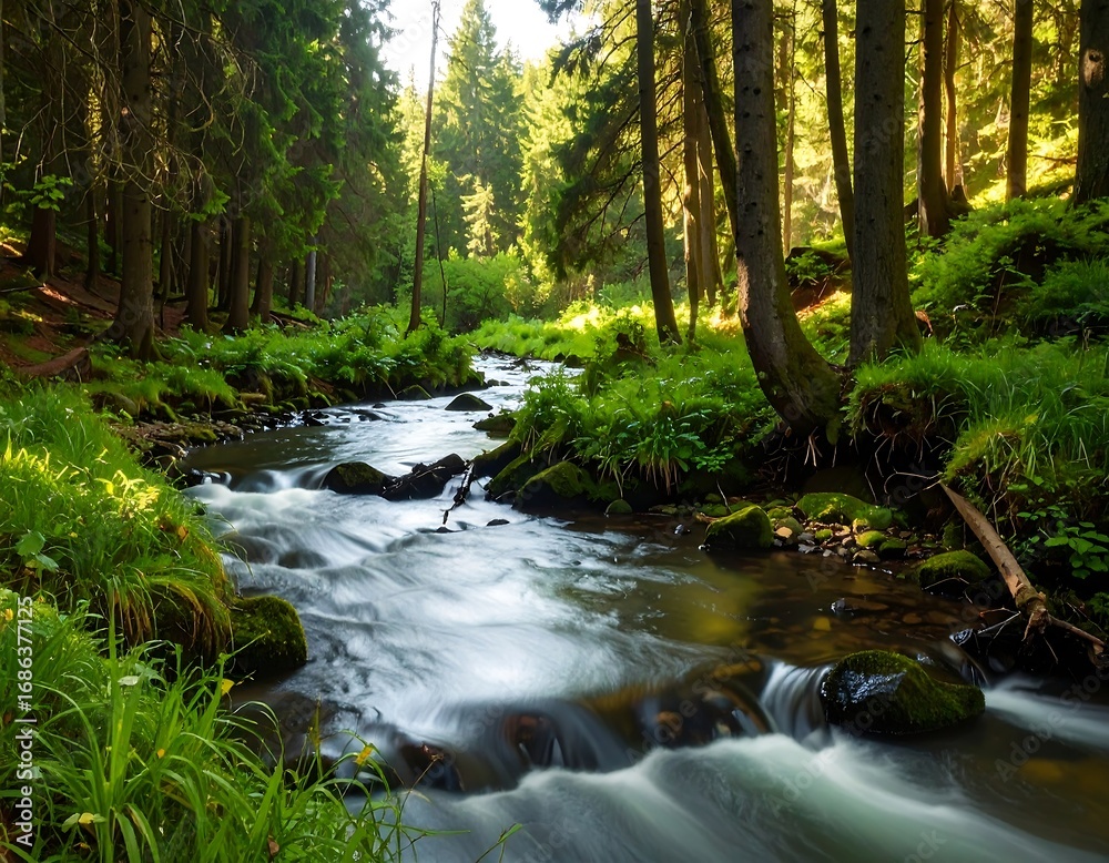 Fototapeta premium A tranquil mountain stream winds through a lush forest, bathed in dappled sunlight, showcasing the beauty of nature's serenity.