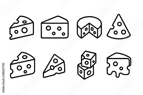 Cheese Icon Collection. Minimalist Linear Swiss Cheese Wedge, Cube, Slice, and Block Vector Pictogram Set for Food Industry, Restaurant Menu, Web Graphic Design, Packaging, App or Print Media