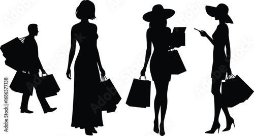 Vector illustration of silhouettes of people shopping, including a man with bags and women with shopping bags, perfect for retail and fashion designs.