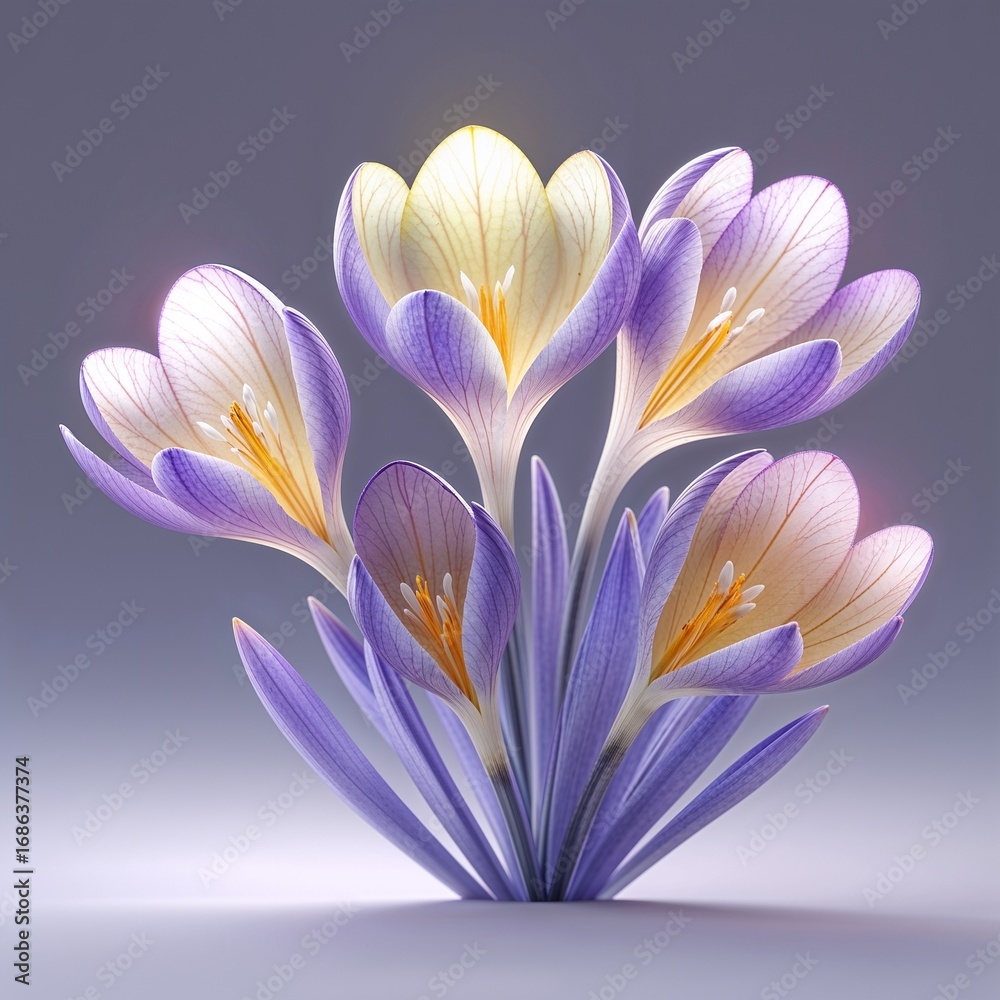 Fototapeta premium A stunning bouquet of vibrant crocus flowers with soft purple and yellow-white petals and delicate stamens stands in a tight bunch, symbolizing the arrival of spring, fresh beginnings, and natural el