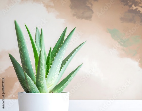 Vibrant aloe vera plant in white pot against a muted background