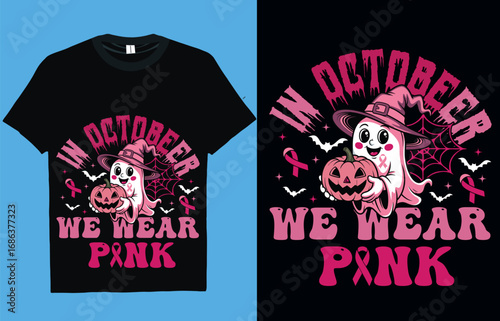Halloween Breast Cancer Awareness T-Shirt Design – Pink Ribbon Pumpkin Ghost Typography