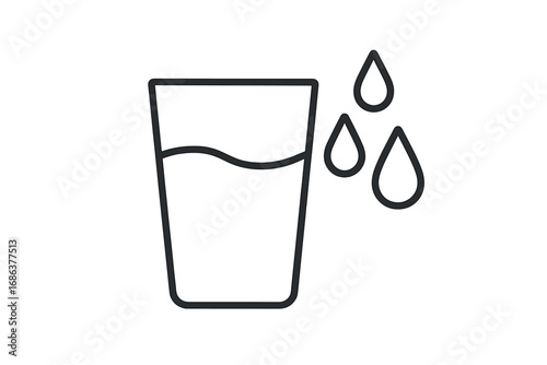 Glass of water with drops thin line icon. Concept of hydration, thirst, pure liquid, beverage. Minimalist outline vector symbol for web, app, ui, ux. Healthy lifestyle sign.