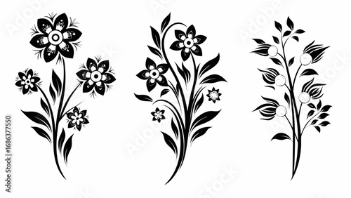 Elegant black floral arrangements and fruit branches evoke natural beauty for design projects