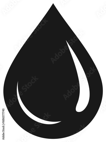 Minimalist black water drop icon with subtle reflections, a clean graphic element symbol
