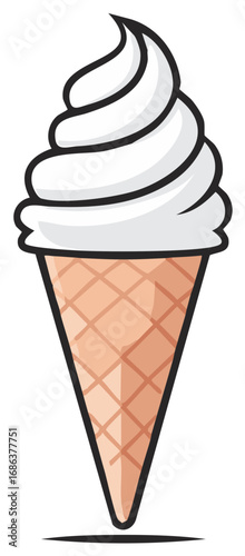 Cartoon ice cream cone with vanilla soft serve and wafer delicious summer dessert treat