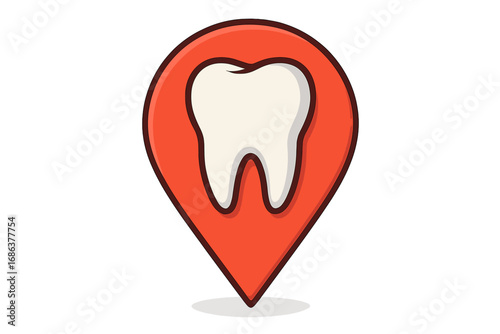 Dentist location pin map marker icon. Tooth symbol cartoon for dental clinic, dentistry service locator, oral health care app, dentist office, orthodontist vector illustration. Modern medical emblem.