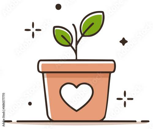 Healthy plant in a pot with a heart symbol symbolizing care and growth