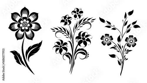 Elegant black floral silhouettes evoke natural beauty for sophisticated designs and branding