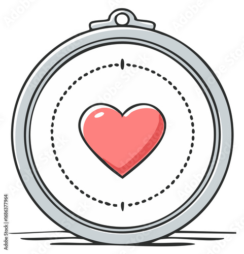Stylized red heart inside an embroidery hoop with dotted target lines representing love passion and handmade craft
