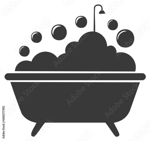 Illustrative black and white icon of a clawfoot tub with abundant bath foam and floating bubbles