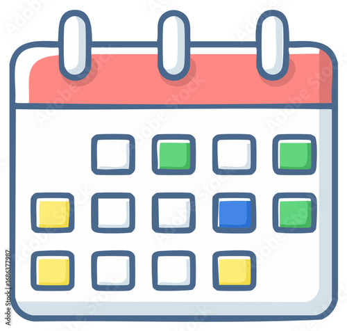 Colorful calendar icon with marked dates for planning, schedule, reminders and organization