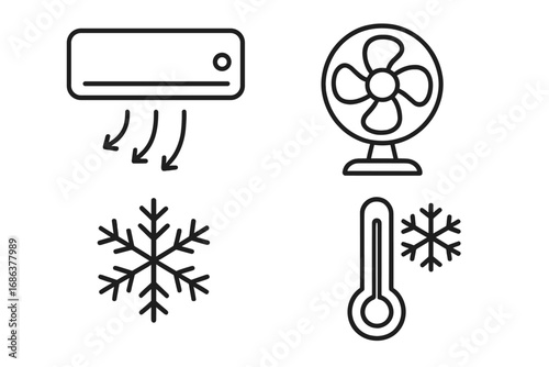 Air conditioning icon set. Climate control, cooling system, fan ventilator symbols. Cold weather, winter, snowflake and low temperature thermometer line art vector icons.