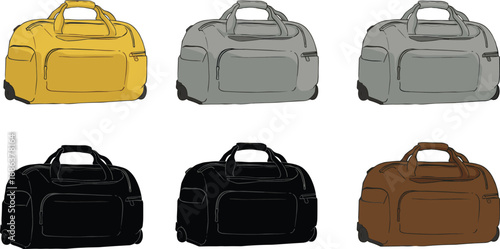 Vector illustration of travel bags in various colors including yellow, gray, black, and brown, ideal for luggage, bags, and accessories designs