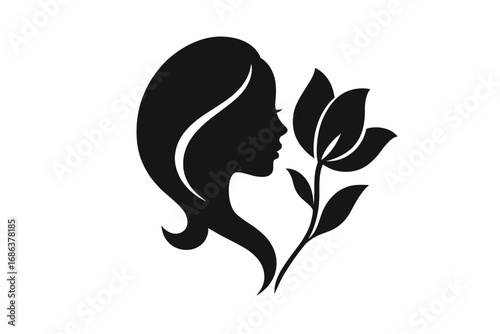 Woman face silhouette with flower logo. Vector icon for beauty salon, spa, cosmetics, wellness. Natural, organic, feminine concept. Elegant female profile with floral element.