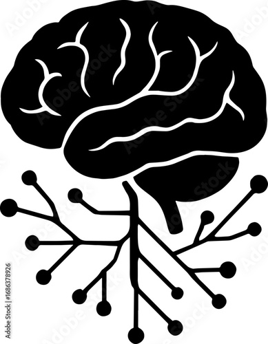 Human Brain with Nerve Connections - Anatomy Black And White Silhouette With White Background Silhouette Vector.