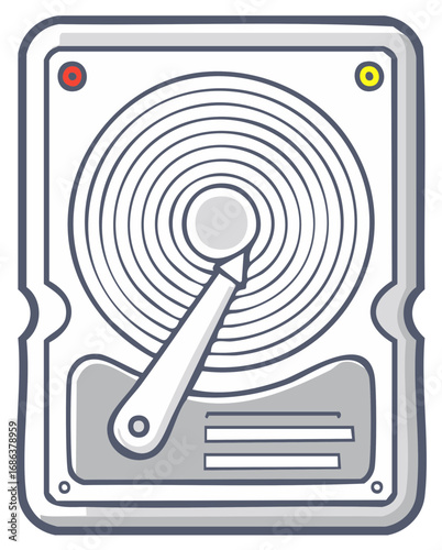 Cartoon depiction of internal hard drive, data storage and computer parts illustration