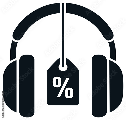 Music and audio sale icon with headphones and a percentage price tag