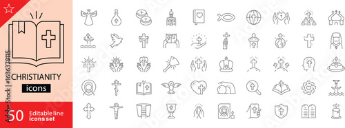Christianity related icon collections. Containing Cross, Bible, Church, Prayer, Faith, Worship, Angel, Dove, Halo, and Candle icons. Editable Stroke. Outline icons. Vector illustration.