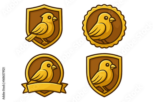 Golden bird logo set with badge and shield templates. Vector cartoon canary mascot icon collection for business branding. Luxury gold finch emblem pack for corporate identity.