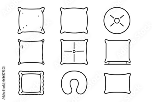 Pillow and cushion outline icon set. Vector illustration of different pillow types for sleep, comfort and home decor. Line art symbols for bed, sofa and travel neck pillow.