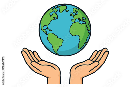 Hands holding globe. Planet Earth care and protection concept. Environmental conservation and saving our world. Vector for Earth Day, ecology, charity, and global unity.
