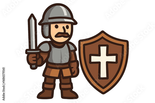 Cartoon soldier guard icon with shield, security defense symbol, military force character design, transparent background, graphic resource for adverts, books, apps, and digital illustration sets