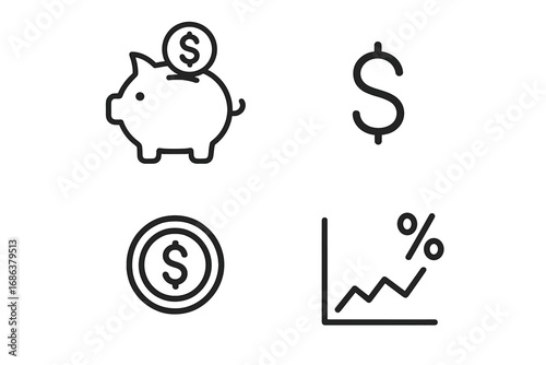 Finance and money line icon set. Business and banking symbols. Piggy bank for savings, dollar coin, investment growth chart. Financial profit and economy concept vector.