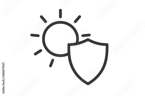 Sun and Shield Line Icon Set for Graphic Design, Web Sites, Cards, Books, Articles, Cartoon Vector Illustration, Transparent Background, Ordered Set, Sunlight Protection Concept, Safety, Security