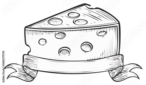 Engraved illustration of a wedge of cheese with holes and ribbon banner