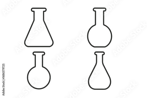 Laboratory flasks outline icon collection. Science and chemistry concept. Lab glassware for chemical experiment or research. Simple line vector illustration with editable stroke.
