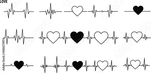 Vector illustration of heartbeat patterns integrated with heart symbols, perfect for love, health, and romantic designs and medical concepts