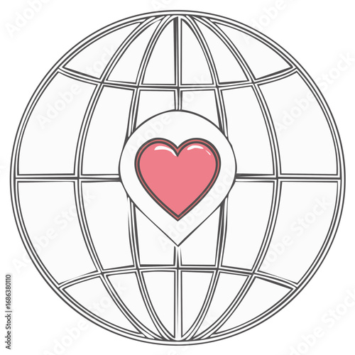 Globe Grid Map with Heart Marker Concept for Charity or Love of Travel Destinations