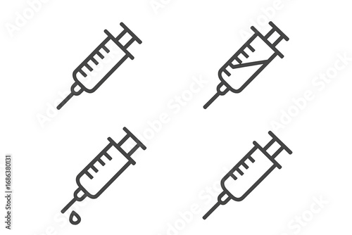 Syringe line icon set. Minimalist medical injection needle linear design. Vector pictograms for healthcare web, pharmaceutical apps, hospital banners, immunization, vaccination, virus prevention.