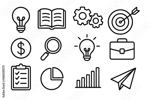 Business icons set for startup and marketing. Linear vector illustration. Finance, strategy, idea, growth, and success concepts. Outline symbols for web and mobile apps design.