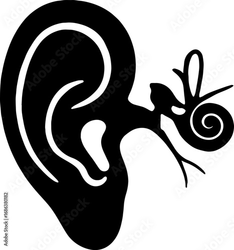 Human Ear with Inner Cochlea - Hearing System Silhouette Vector With White Background 