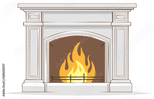 White fireplace with glowing warm fire cartoon illustration evoking comfort and home