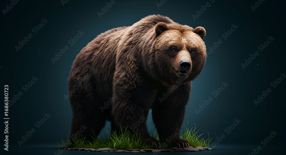 Fototapeta premium Brown bear standing in grass on dark background. Powerful animal in natural habitat with detailed fur and claws. Wildlife professional. nature preserve -