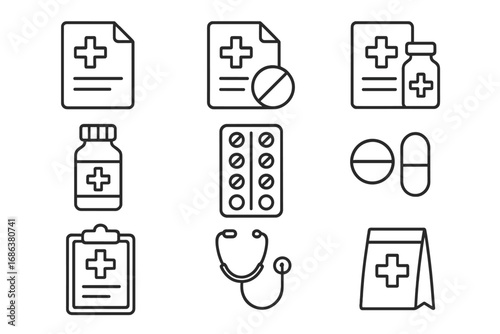 Medical prescription and healthcare thin line icons collection. Pharmacy and hospital symbols set for web. Medicine, pills, drug bottle, stethoscope, and Rx recipe vector signs.