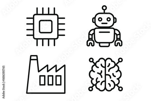 Technology innovation line icon set for chip, robot, smart factory automation, artificial intelligence outline, graphic web design UI UX apps, digital adverts vector cartoon illustration, engineering