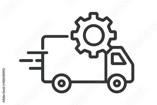 Delivery service icon. Fast shipping truck with gear symbol. Logistics management, fleet maintenance, and transport automation concept. Vector line art for app and web design.