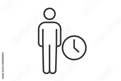 Thin outline icon full body human user standing beside clock. Time management concept. Minimalist vector illustration. Transparent background. User profile avatar. Design for apps and graphics.