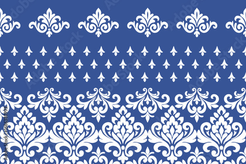 Blue Motifs Ikat floral paisley embroidery floral.ikat ethnic oriental pattern traditional.Oreintal Flora Damask Seamless pattern embroidery.Design for carpet,cover.wallpaper,clothing,ceramic product.