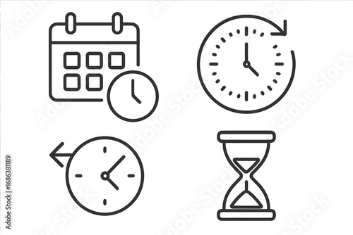Modern Time Outline Linear Icon Set for Graphic and Web Design, User Interface Apps, Digital Advertising, Greeting Cards. Vector Cartoon Clock Elements on Transparent Background, Organized Collection