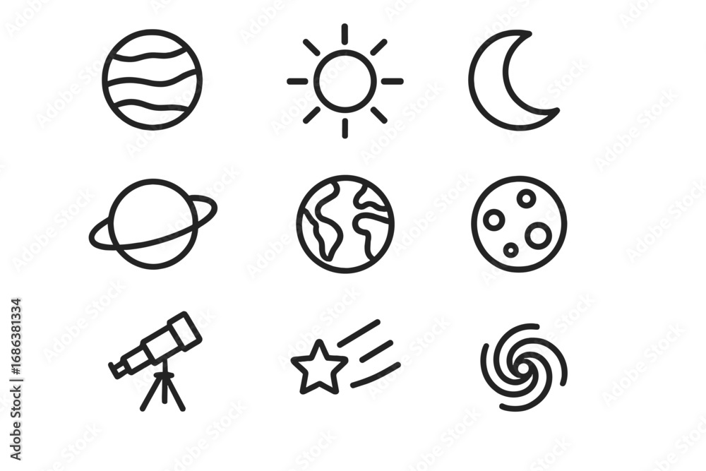 Fototapeta premium Cosmos and astronomy vector line icon set. Space exploration symbols. Outline signs of planet, sun, moon, earth, galaxy, telescope, shooting star for web, mobile app design.
