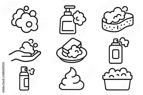 Soap and foam line icon set. Vector symbols for hygiene, washing, and cleaning. Includes bubbles, dispenser, sponge, and bar soap. Outline pictograms for web and app design.