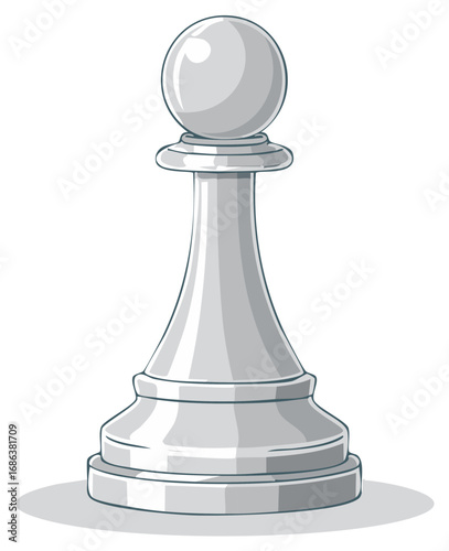 Isolated white pawn chess piece artwork. Strategic game piece with ball. Strategy game element, boardgame art