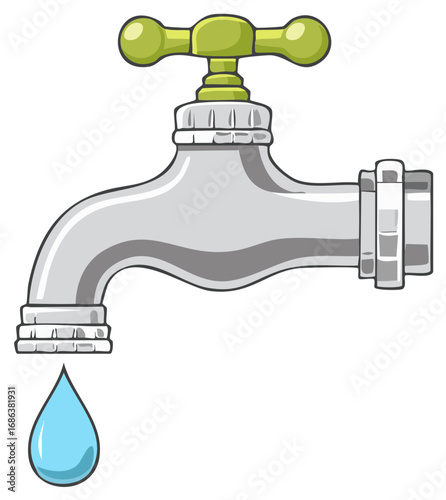 Metal Faucet with Green Handle and Dripping Blue Water Drop Represents Plumbing Fixture and Water Conservation