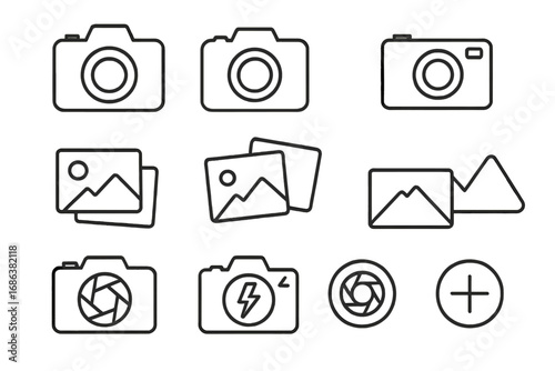Photo camera and image simple icon set. Photography line art vector collection. Outline picture, gallery symbol. DSLR, lens, aperture, flash icons. Editable stroke.
