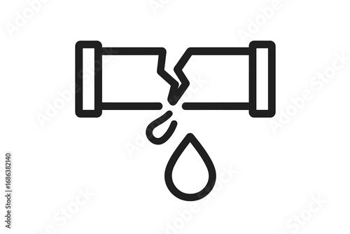 Broken pipe water leak vector icon. Plumbing failure symbol for utility, infrastructure, industrial accident. Minimal outline style. Flood risk, damage, repair concept for app, web, signage, guides.